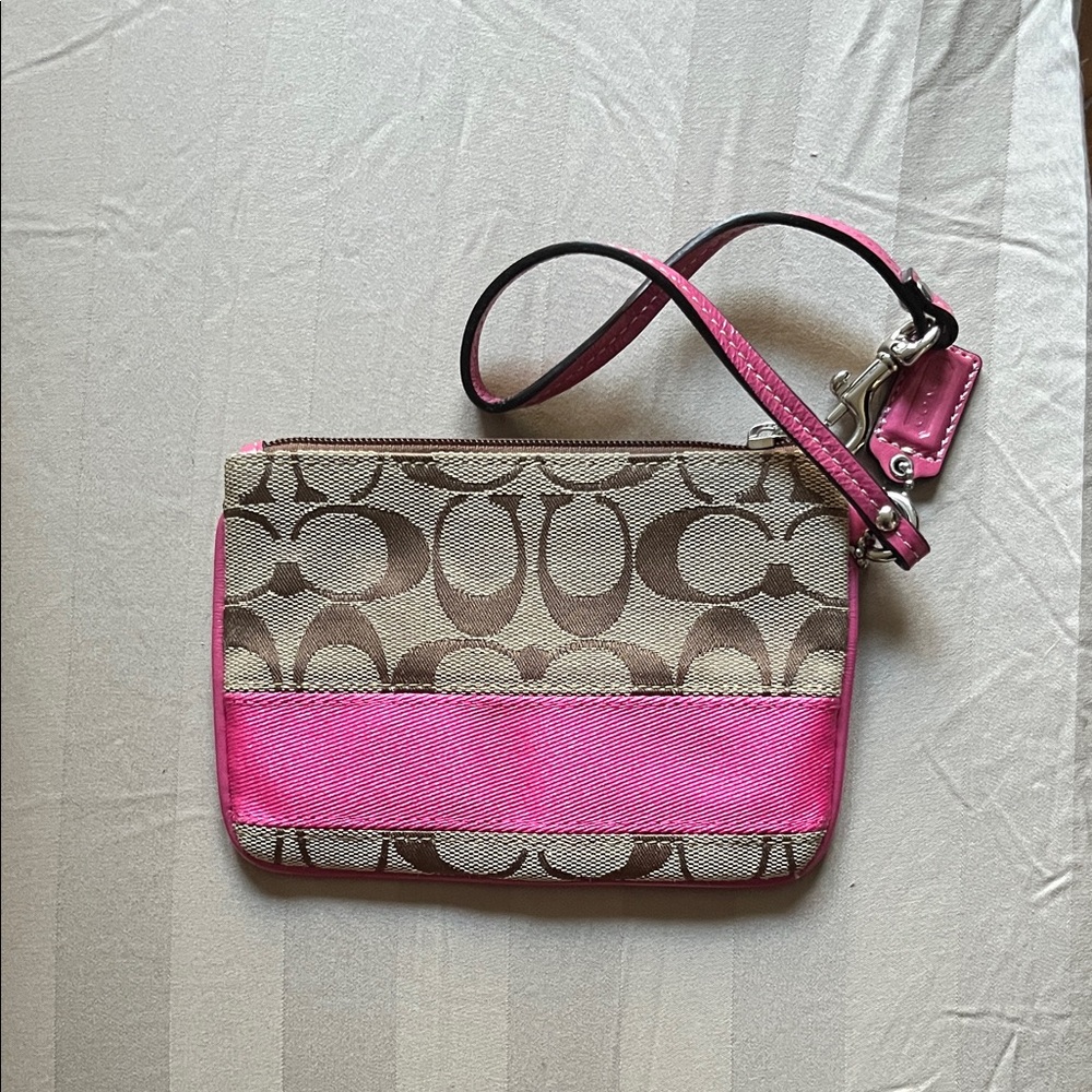 Coach Signature Canvas Wristlet with Pink Accents